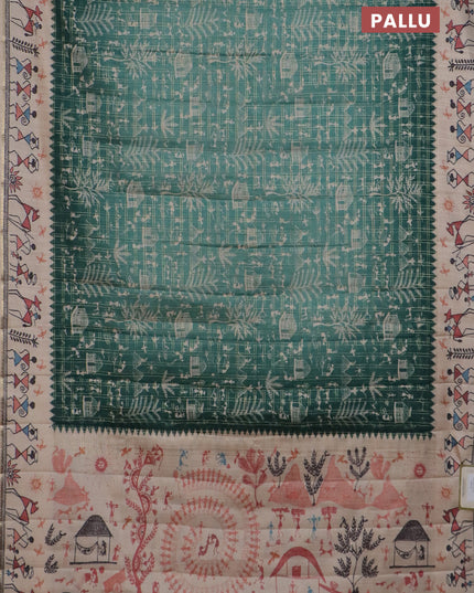Semi tussar saree teal green and cream with allover zari checks & warli prints  and printed border
