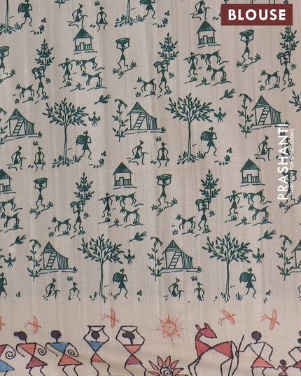 Semi tussar saree teal green and cream with allover zari checks & warli prints  and printed border