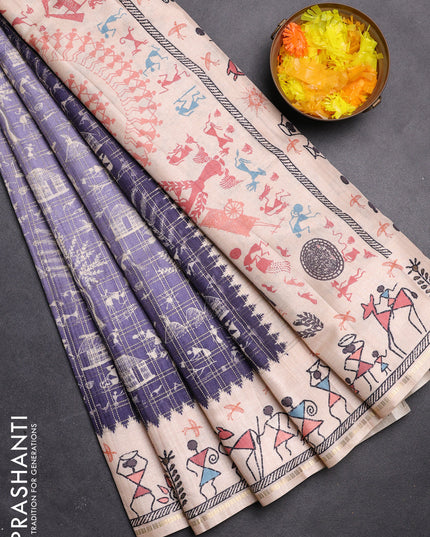 Semi tussar saree purple and cream with allover zari checks & warli prints  and printed border