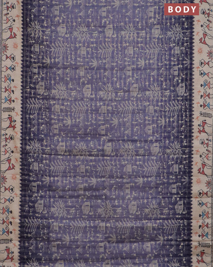 Semi tussar saree purple and cream with allover zari checks & warli prints  and printed border
