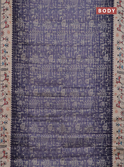 Semi tussar saree purple and cream with allover zari checks & warli prints  and printed border