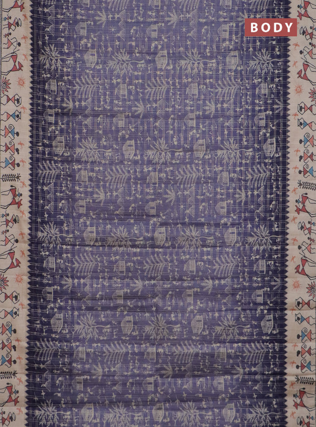Semi tussar saree purple and cream with allover zari checks & warli prints  and printed border