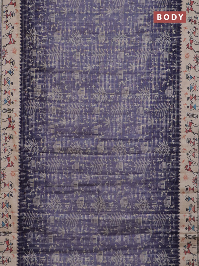 Semi tussar saree purple and cream with allover zari checks & warli prints  and printed border