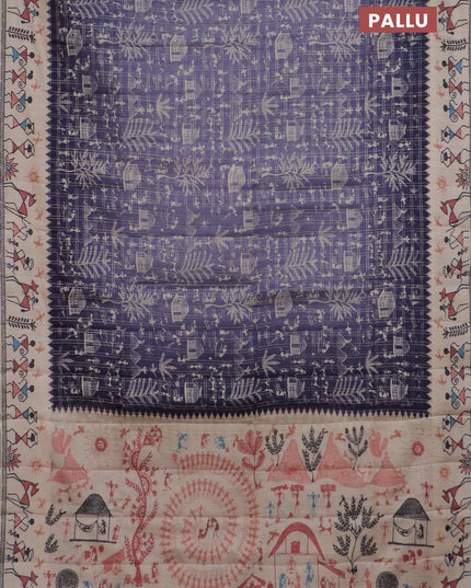 Semi tussar saree purple and cream with allover zari checks & warli prints  and printed border