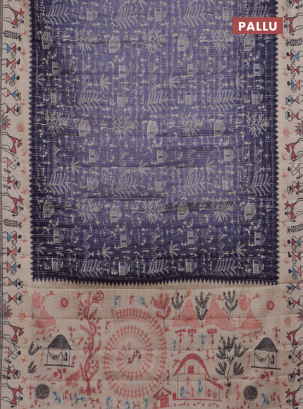 Semi tussar saree purple and cream with allover zari checks & warli prints  and printed border