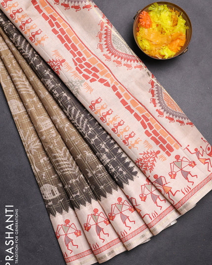 Semi tussar saree dark mehendi green and cream with allover zari checks & warli prints  and printed border