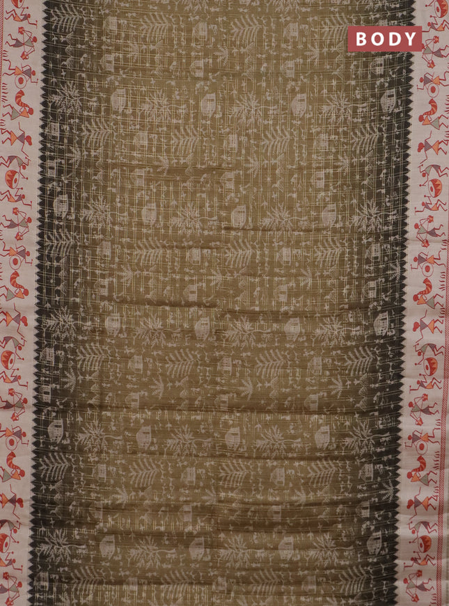 Semi tussar saree dark mehendi green and cream with allover zari checks & warli prints  and printed border