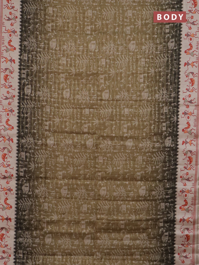 Semi tussar saree dark mehendi green and cream with allover zari checks & warli prints  and printed border