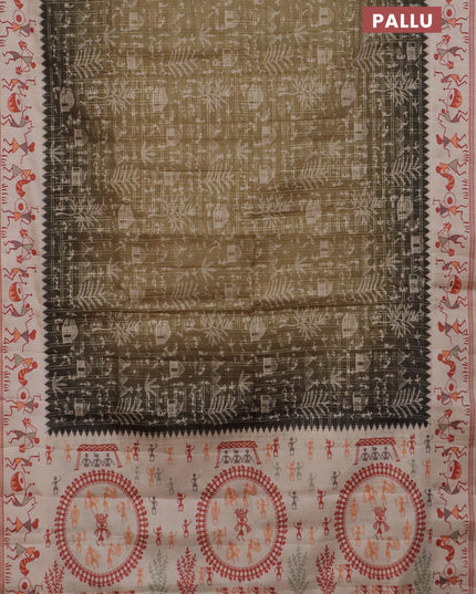 Semi tussar saree dark mehendi green and cream with allover zari checks & warli prints  and printed border