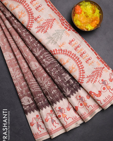 Semi tussar saree brown and cream with allover zari checks & warli prints  and printed border