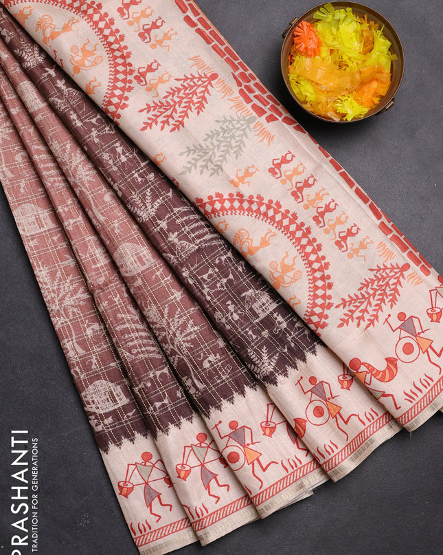 Semi tussar saree brown and cream with allover zari checks & warli prints  and printed border