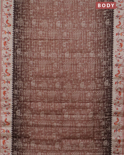 Semi tussar saree brown and cream with allover zari checks & warli prints  and printed border
