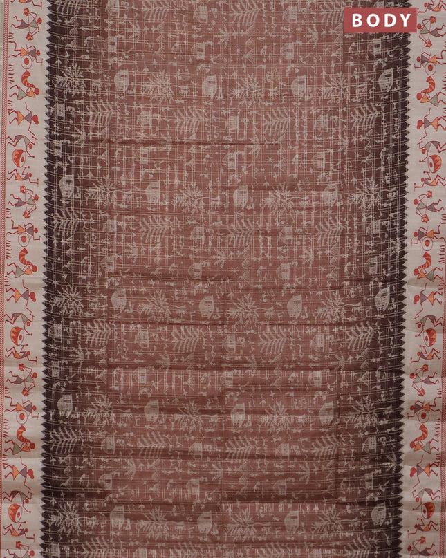 Semi tussar saree brown and cream with allover zari checks & warli prints  and printed border