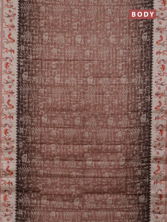 Semi tussar saree brown and cream with allover zari checks & warli prints  and printed border