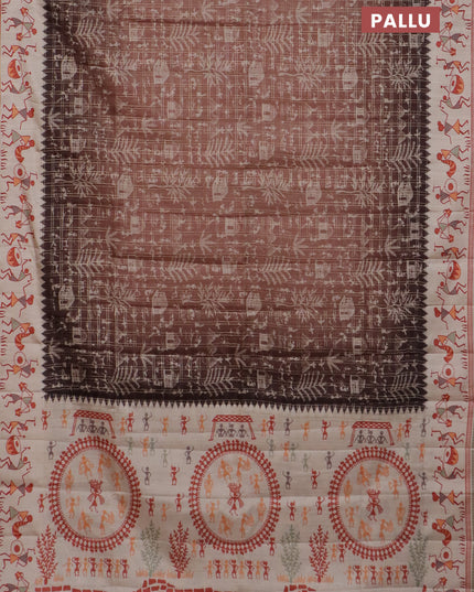 Semi tussar saree brown and cream with allover zari checks & warli prints  and printed border
