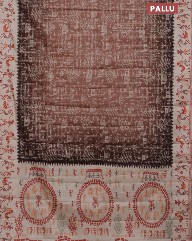 Semi tussar saree brown and cream with allover zari checks & warli prints  and printed border