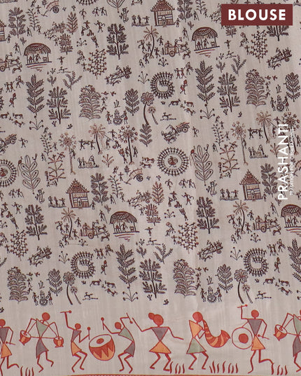 Semi tussar saree brown and cream with allover zari checks & warli prints  and printed border