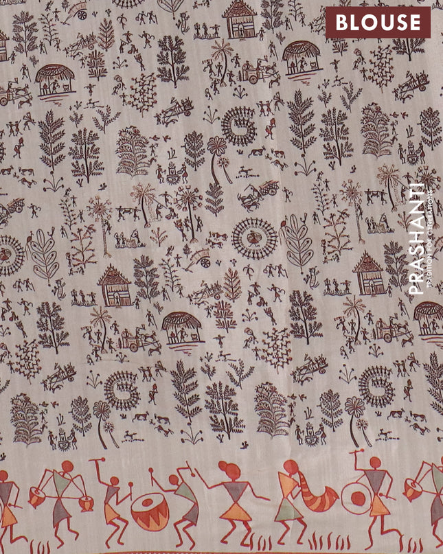 Semi tussar saree brown and cream with allover zari checks & warli prints  and printed border