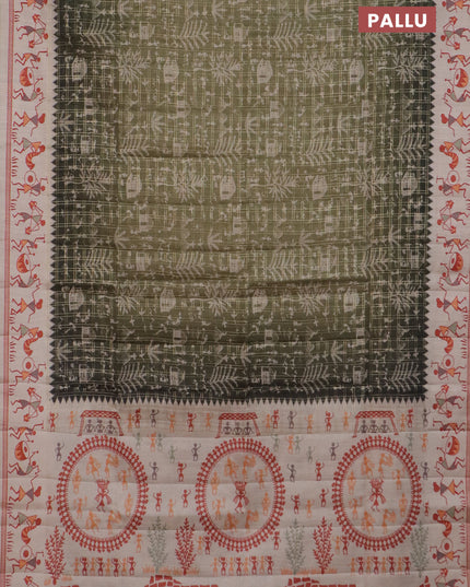 Semi tussar saree sap green and cream with allover zari checks & warli prints  and printed border