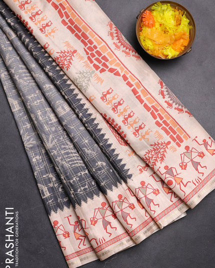 Semi tussar saree gray and cream with allover zari checks & warli prints  and printed border