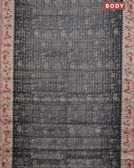 Semi tussar saree gray and cream with allover zari checks & warli prints  and printed border