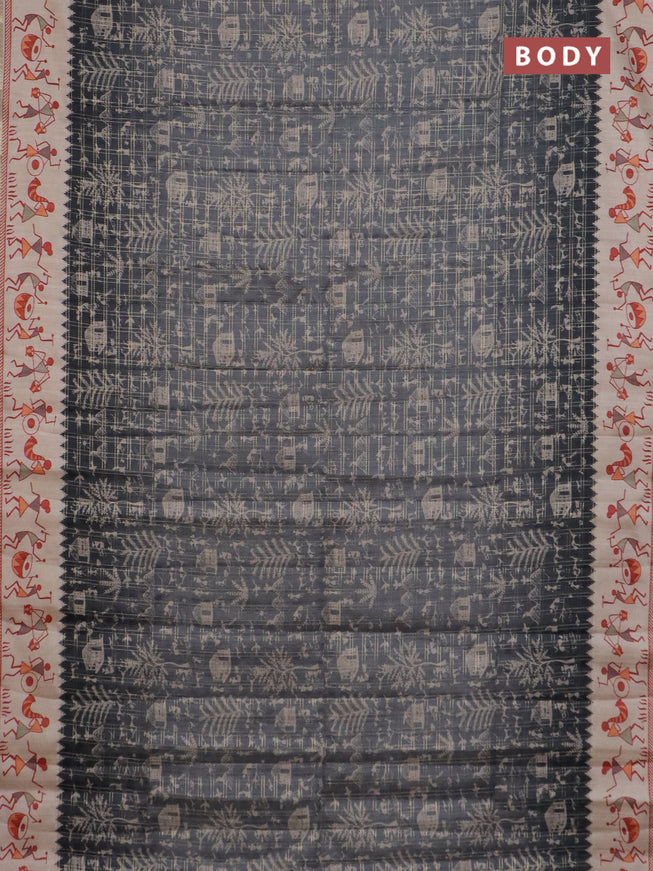 Semi tussar saree gray and cream with allover zari checks & warli prints  and printed border