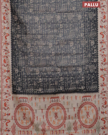 Semi tussar saree gray and cream with allover zari checks & warli prints  and printed border