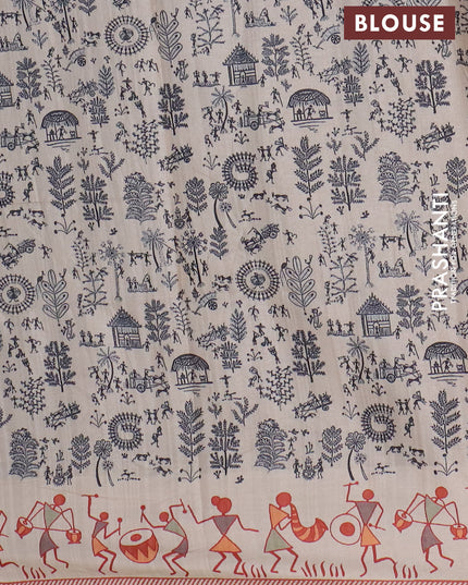 Semi tussar saree gray and cream with allover zari checks & warli prints  and printed border