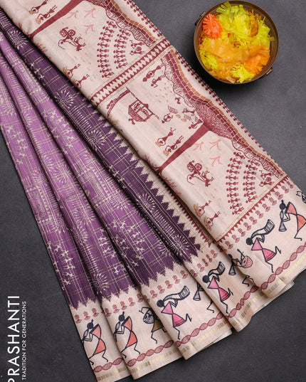 Semi tussar saree deap jamun and cream with allover zari checks & warli prints  and printed border