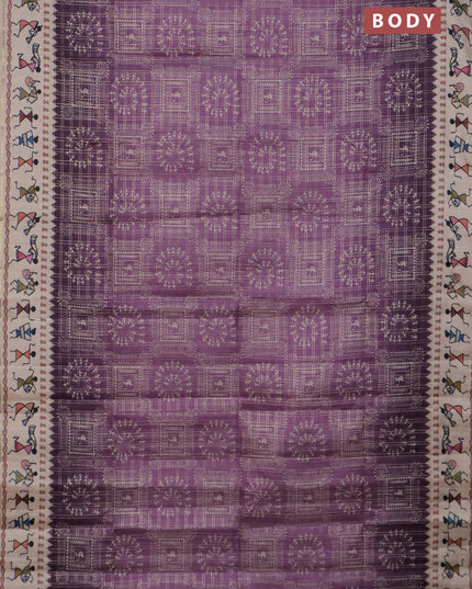 Semi tussar saree deap jamun and cream with allover zari checks & warli prints  and printed border