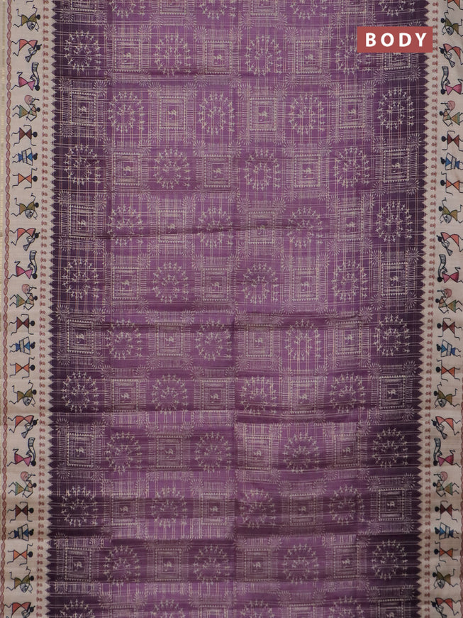 Semi tussar saree deap jamun and cream with allover zari checks & warli prints  and printed border