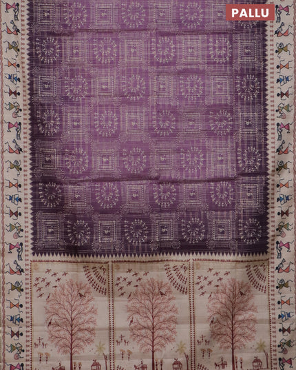 Semi tussar saree deap jamun and cream with allover zari checks & warli prints  and printed border
