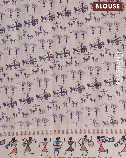 Semi tussar saree deap jamun and cream with allover zari checks & warli prints  and printed border