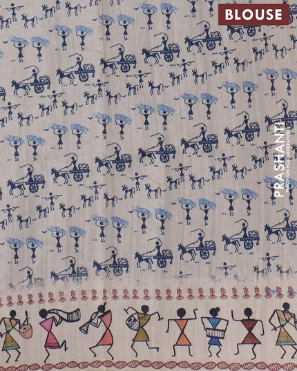 Semi tussar saree blue and cream with allover zari checks & warli prints  and printed border