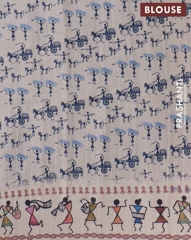 Semi tussar saree blue and cream with allover zari checks & warli prints  and printed border