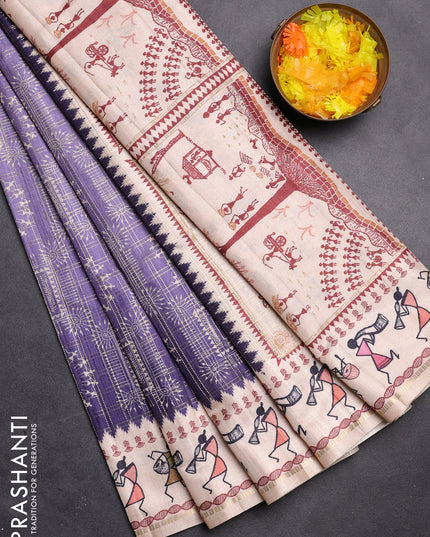 Semi tussar saree violet and cream with allover zari checks & warli prints  and printed border