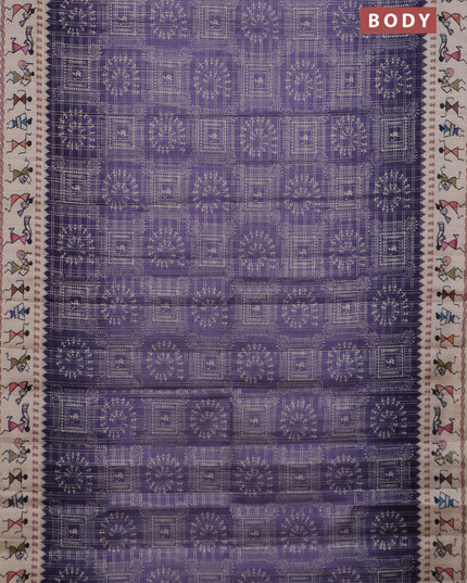 Semi tussar saree violet and cream with allover zari checks & warli prints  and printed border