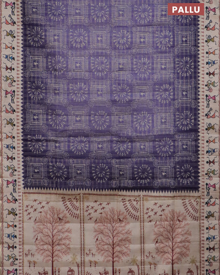 Semi tussar saree violet and cream with allover zari checks & warli prints  and printed border