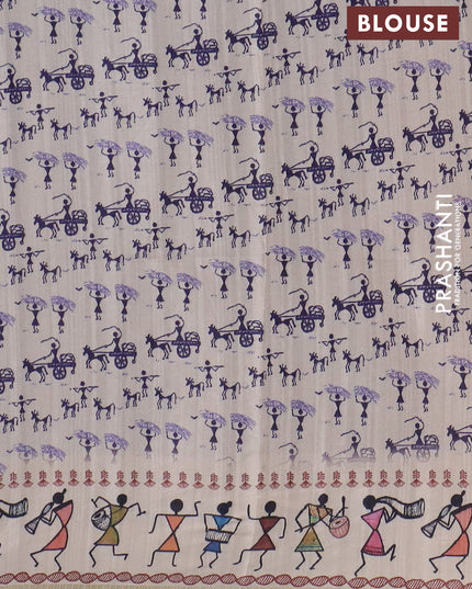 Semi tussar saree violet and cream with allover zari checks & warli prints  and printed border