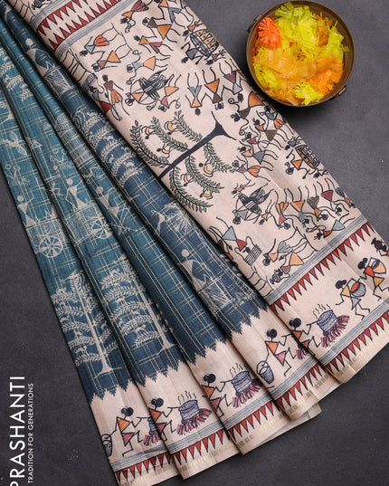 Semi tussar saree green and cream with allover zari checks & warli prints  and printed border