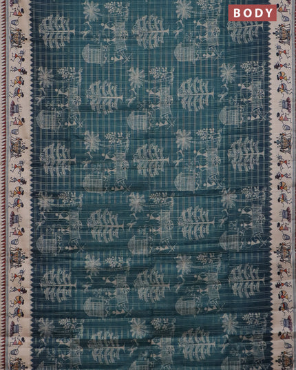 Semi tussar saree green and cream with allover zari checks & warli prints  and printed border