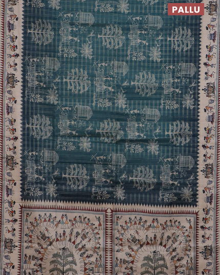 Semi tussar saree green and cream with allover zari checks & warli prints  and printed border