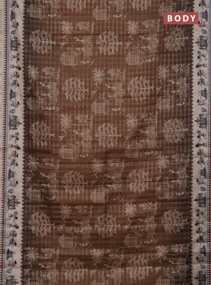 Semi tussar saree brown and cream with allover zari checks & warli prints  and printed border