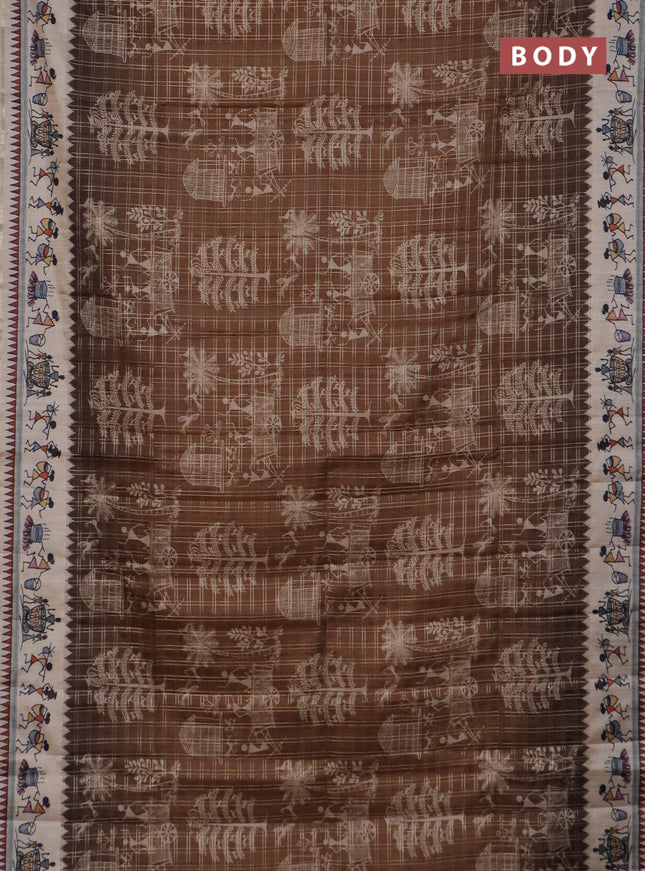 Semi tussar saree brown and cream with allover zari checks & warli prints  and printed border