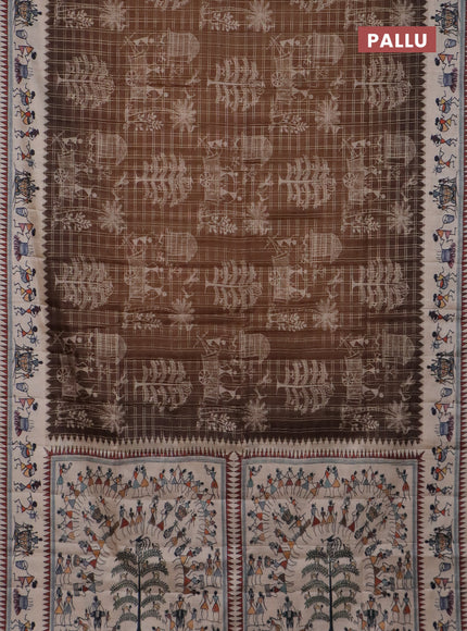 Semi tussar saree brown and cream with allover zari checks & warli prints  and printed border