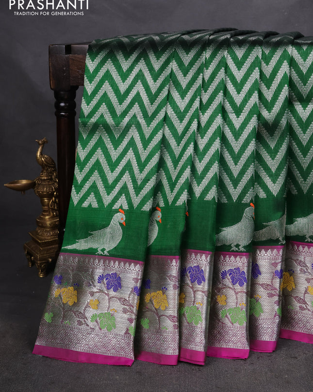 Venkatagiri silk saree green and magenta pink with allover zig zag silver zari weaves and silver zari woven paithani border
