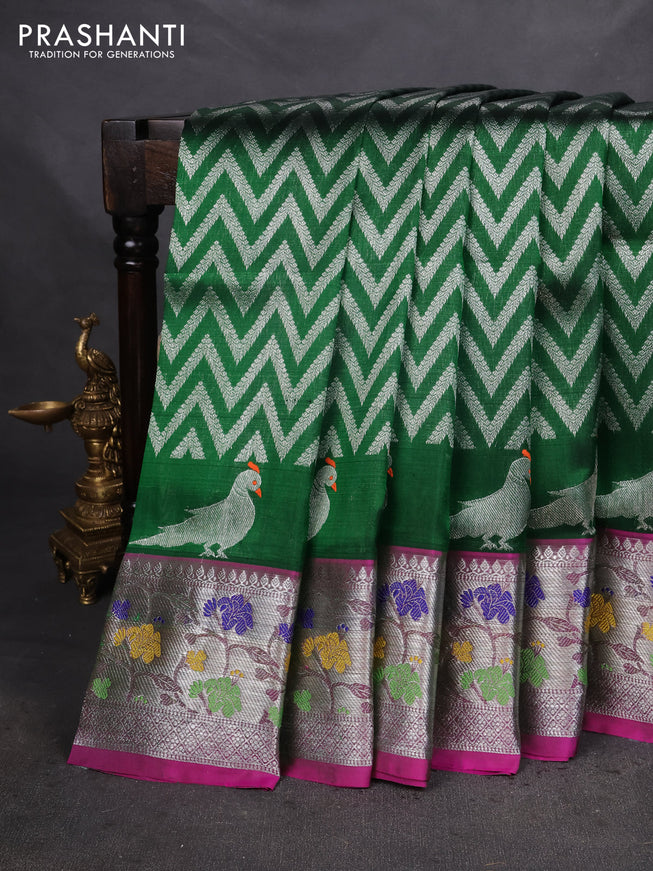 Venkatagiri silk saree green and magenta pink with allover zig zag silver zari weaves and silver zari woven paithani border