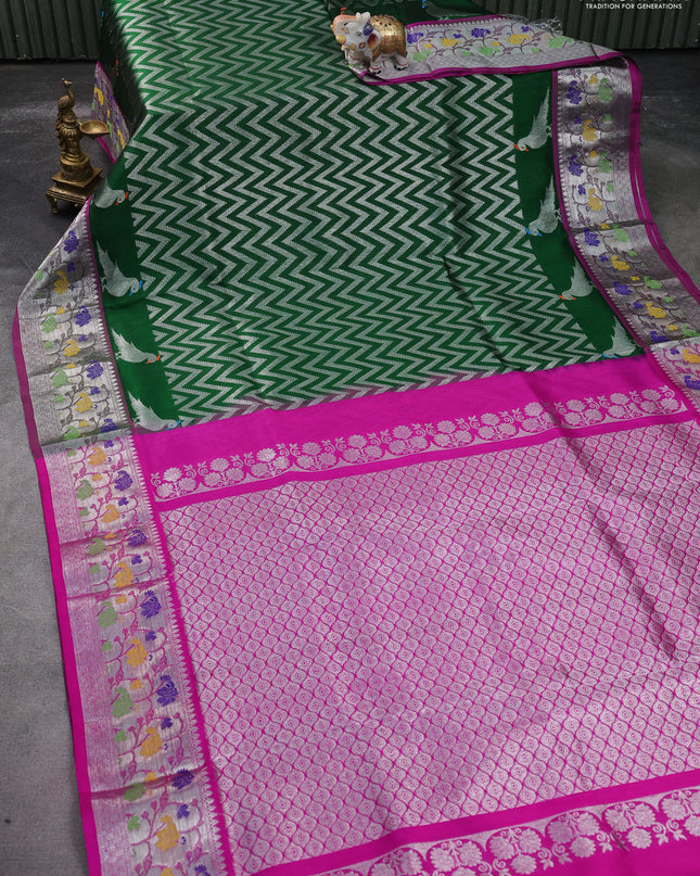 Venkatagiri silk saree green and magenta pink with allover zig zag silver zari weaves and silver zari woven paithani border