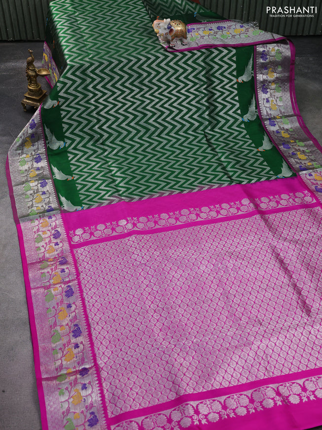 Venkatagiri silk saree green and magenta pink with allover zig zag silver zari weaves and silver zari woven paithani border