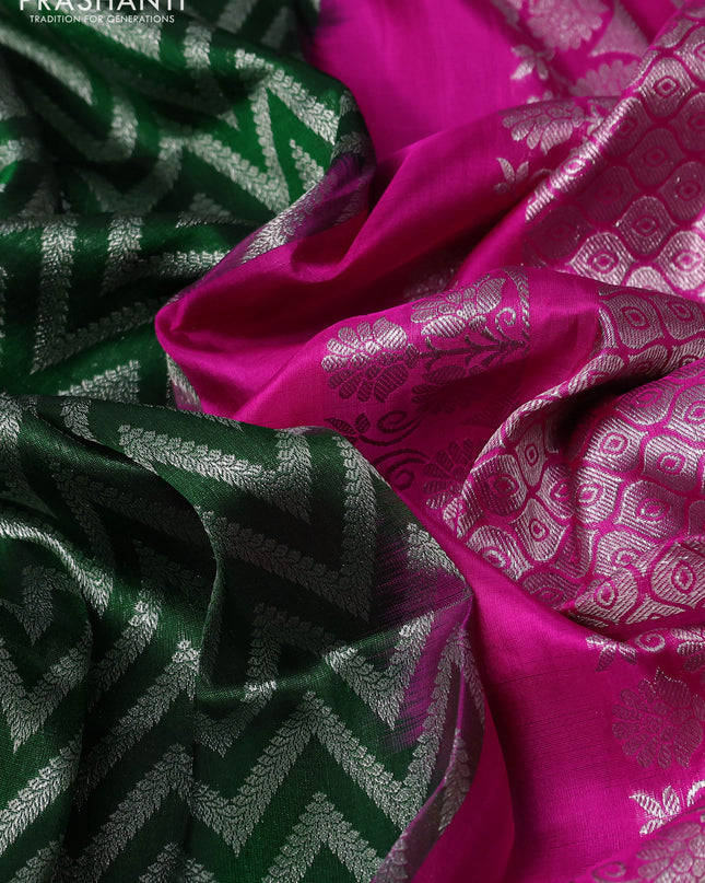 Venkatagiri silk saree green and magenta pink with allover zig zag silver zari weaves and silver zari woven paithani border